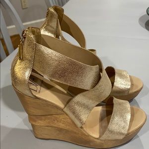 DVF Gold Opal Wooden Platform Wedge Sandals